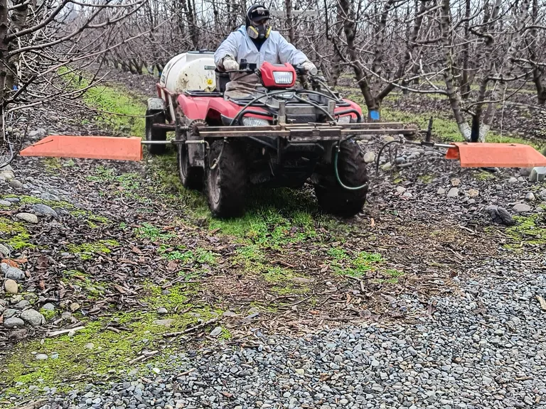 Operador agrícola trabajando con cuadrimoto en un frutal de Curicó